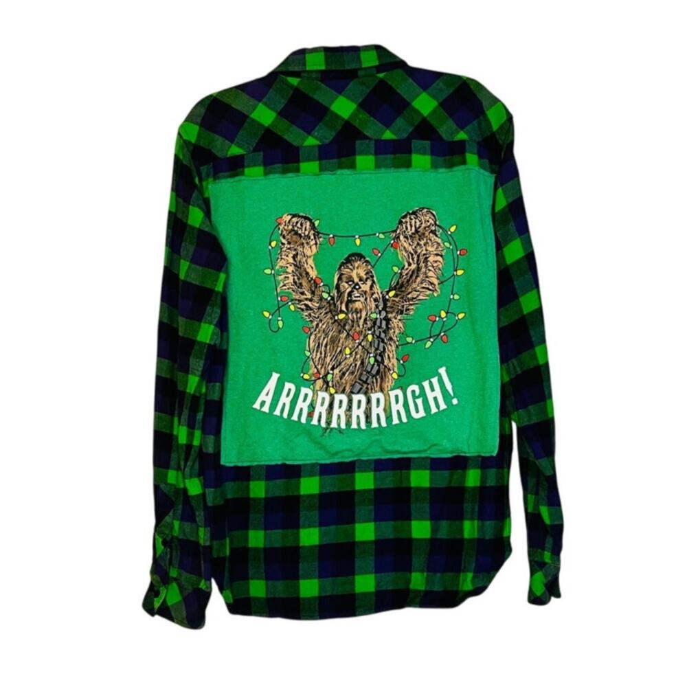 Upcycled Star Wars Chewbacca Green Purple Flannel L Gorpcore Scifi Streetwear